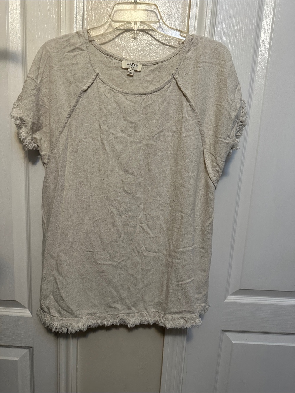 Umgee Cream Short Sleeve Fringe-Trim Top